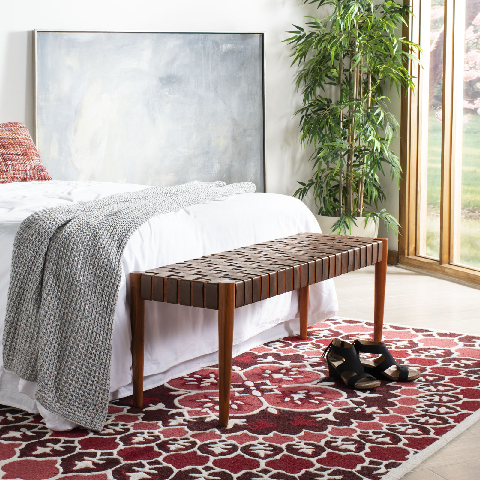 Orin 47" Woven Leather Dining Bench, Cognac Leather