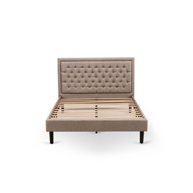 Ensemble de lit pour grand lit 3 pièces - 1 tête de lit capitonnée en tissu de lin kaki foncé et capitonnée avec 2 tables de chevet - Table de chevet au fini crème au beurre brossé