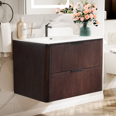 30 in. Wall-Mounted Bathroom Vanity in Walnut Finish with Solid Wood Cabinet and One-Piece Acrylic Countertop