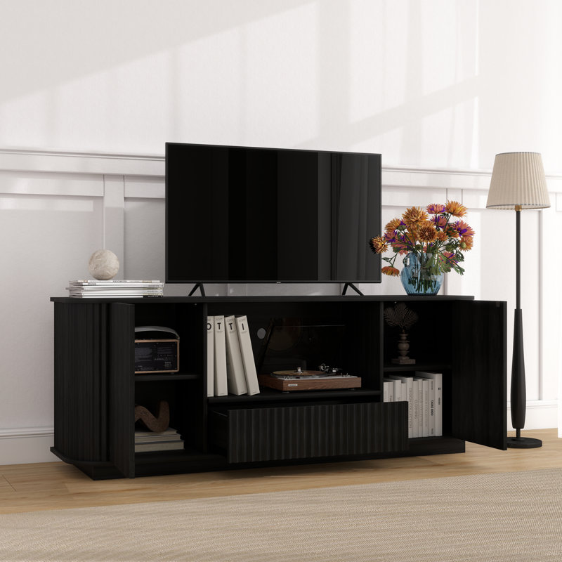 64-Inch Wavy TV Stand With Door And Drawers, Black