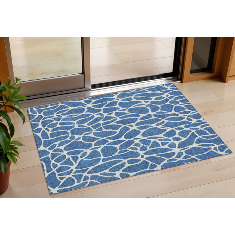 Tapis intérieur / extérieur géométrique lavable bleu et ivoire 3 pi x 5 pi