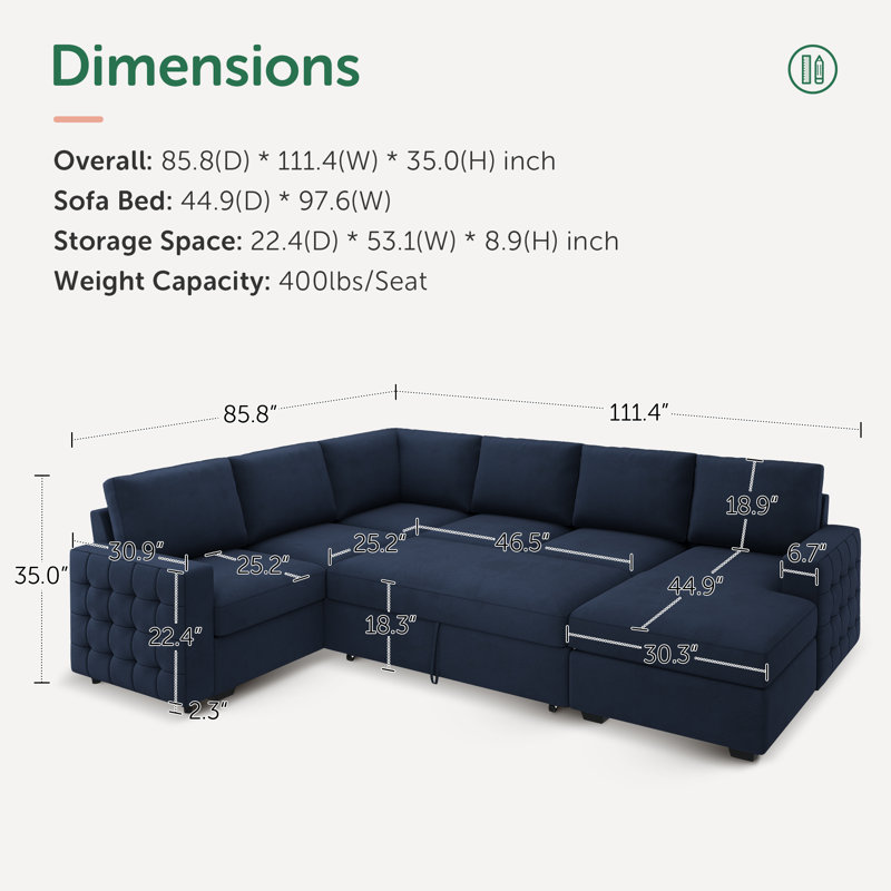 Hildur U-Shaped Sectional Sofa Bed Pull Out Sleeper Couch With Storage Chaise, Blue Velvet