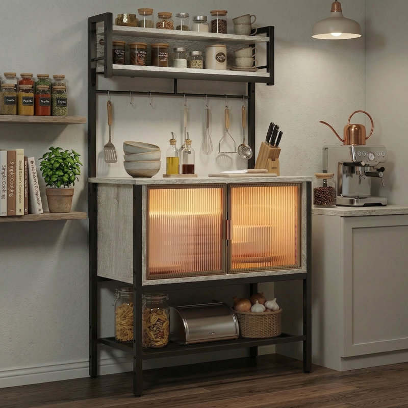 Étagère de cuisson à cinq niveaux avec lumières DEL, comptoir de café, tablette de four à micro-ondes, armoire de rangement pour la cuisine.