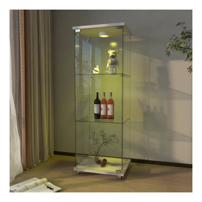 Modern Glass Display Cabinet with LED lights, Quick-assembly Antique Cabinet, Tempered Glass Bookshelf, Suitable for Living Room and Bedrooms, 1-door 4-shelf