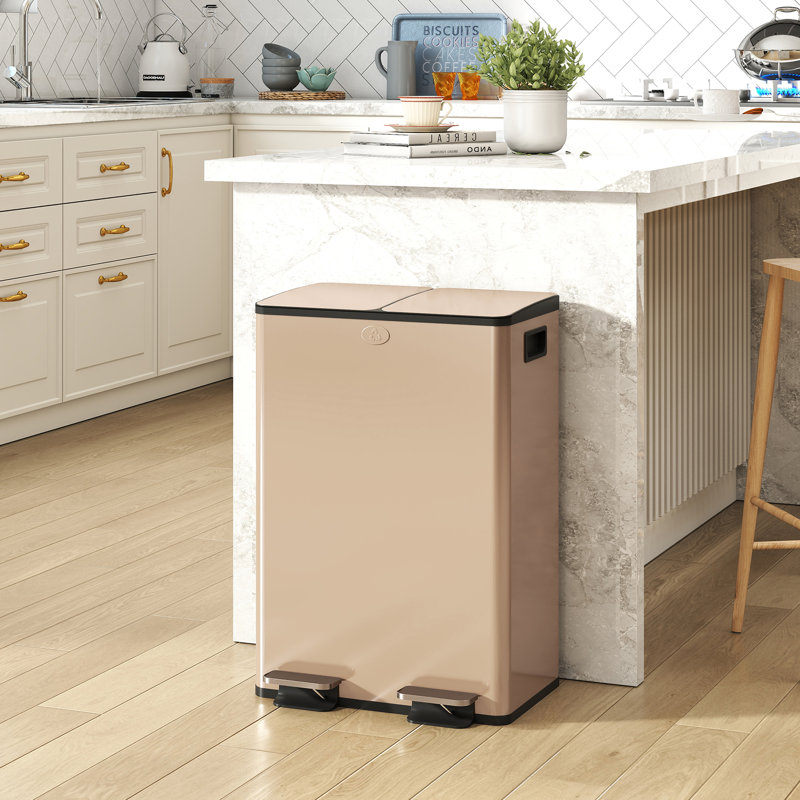 Dual Trash Can, 2 x 28 Litre Garbage Can with Soft Close Lid, Gold