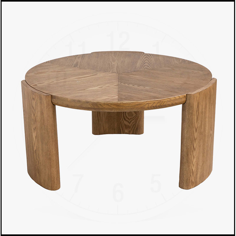 Table basse ronde avec pieds courbés et placage de frêne brun