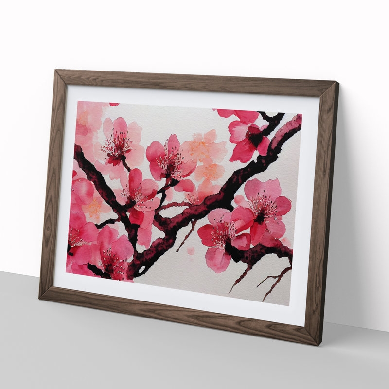 Cherry Blossom Flower Watercolour Vol.2 - Framed Print, 46cm H x 64cm W x 2cm D, Walnut