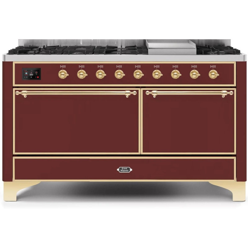 ILVE UM15FDQNS3BKCLP Majestic II 60 inch Dual Fuel Range with 9 Burners, Griddle (Liquid Propane, Solid Door, Glossy Black, Chrome)