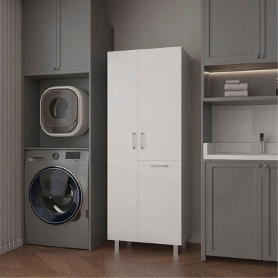 L'armoire de rangement moderne avec 2 portes, 1 tiroir et des pieds en métal Mirage est parfaite pour organiser les salles de bain, les salles de lavage et les espaces communs