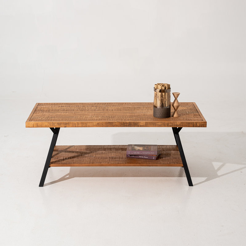Solid Wood Parquet Coffee Table (48" L X 24" W X 18.7" H) With 2-tier Shelf, Rustic Industrial Style