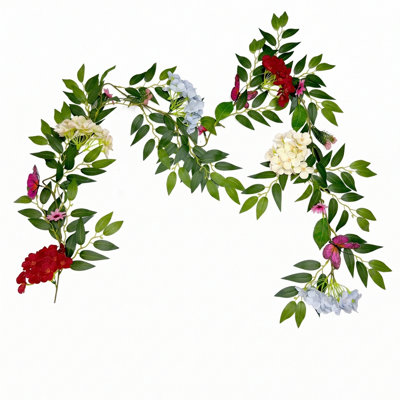 2 guirlandes de fleurs d'hortensia artificielles, 68,90 pouces de vigne florale d'été avec papillon pour décoration murale