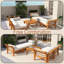 Ensemble de meubles de jardin 6 pièces, canapé modulaire en L en bois d'acacia avec lit de jour convertible, table de thé et repose-pieds