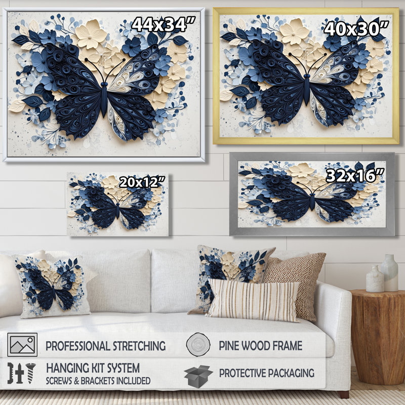 Papillon bleu et blanc en fleur - salon d'art mural papillon, Toile tendue, Ne s’applique pas, H 24 po x l 32 po