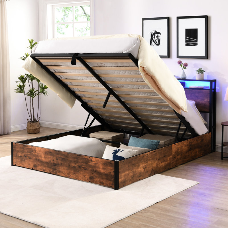 Storage Bed In Full, Rustic Brown With Bookcase Headboard & Energy Led Lights Platform Compartment, Waterproof, Full