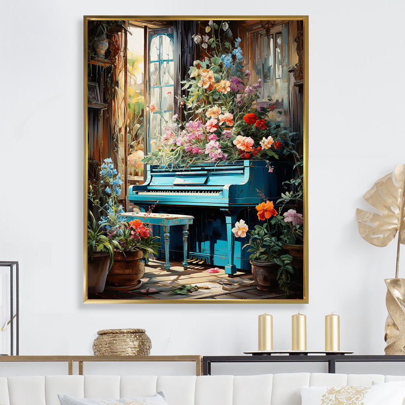 Piano Tropical Tunes - Music Piano, art mural, Cadre flottant doré, H 44 po x l 34 po x P 1,5 po