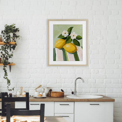 Citrons et marguerites sur nappe, impression sous verre encadrée, design par The Prints Vibe