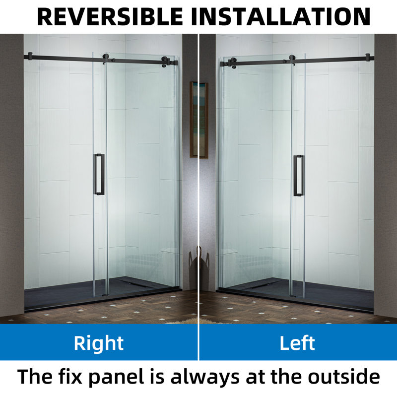 Frameless Single Sliding Shower Doors, 44-48" W X 76" H With 5/16" Clear Tempered Glass And Explosion-Proof Film, Matte Black