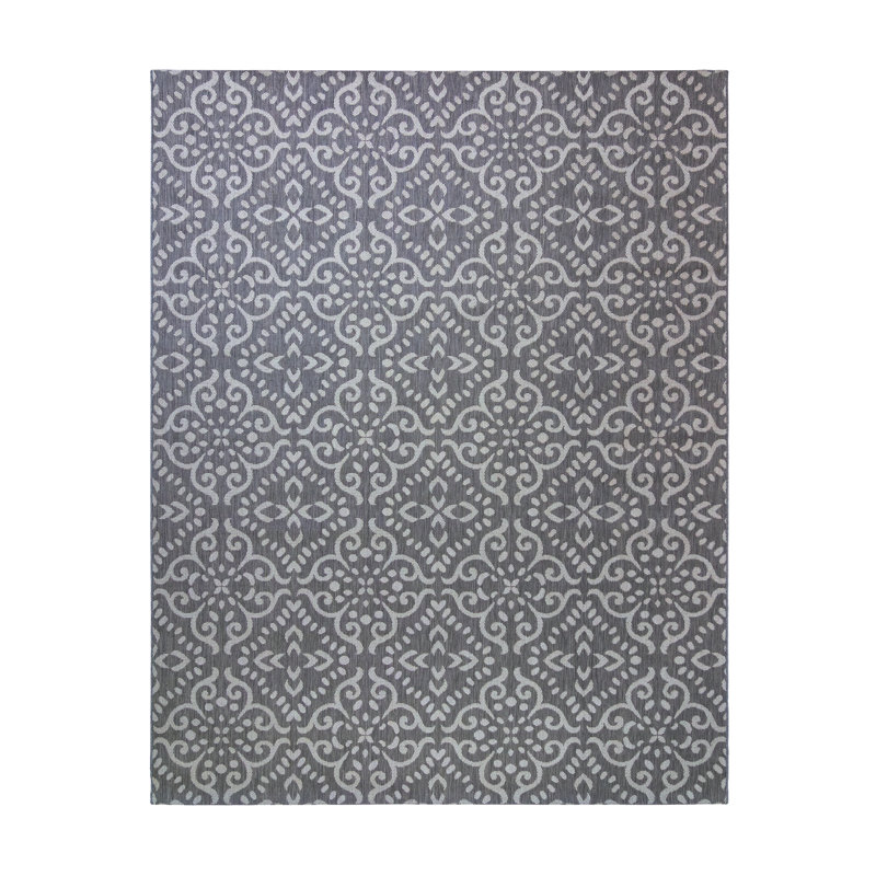 Solterra Cotto Gray Cream Ivory Traditional Scrolled Tile Flatweave Polypropylene Indoor/ Outdoor Area Rug