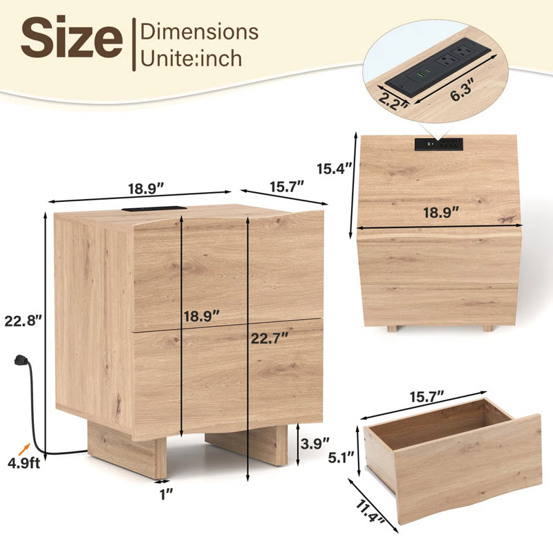Parthenia 18.9'' Wide Nightstand In Wood Finish With Built-In Power Outlet, Peach Wood