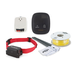 PetSafe kit with loop transmitter, power button, loop button, and red collar.