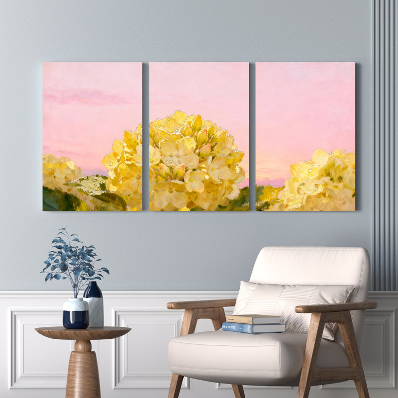 Tableau mural sur toile tendue, motif floral d'hortensias jaunes, fond de ciel rose (lot de 3), H 18 po x l 36 po