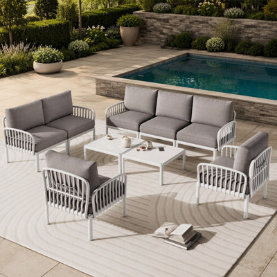 Ensemble de conversation pour patio 9 pièces, ensemble de mobilier modulaire d'extérieur moderne avec deux tables basses carrées, coussins épais et imperméables pour porche, balcon, blanc et gris clair