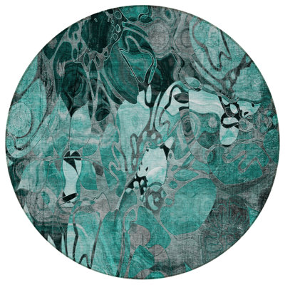 Tapis d'intérieur rond 8 pi noir et gris rond à motif floral lavable et antidérapant