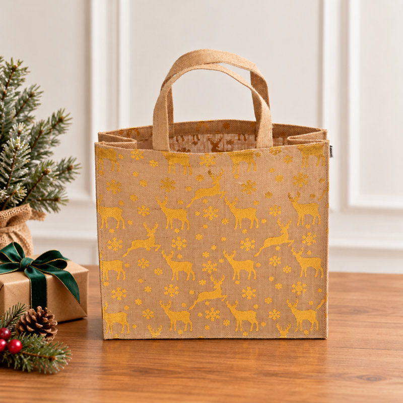 Sac-cadeau de Noël en jute avec renne doré et motif flocon de neige