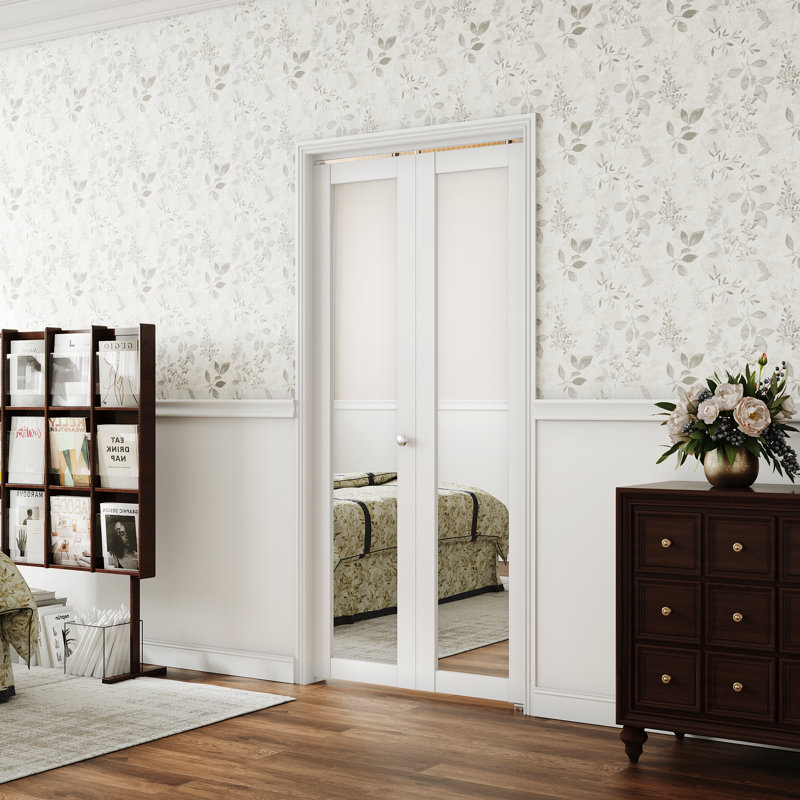 Porte pliante en bois massif non fini avec miroir blanc, 24 po x 80 po