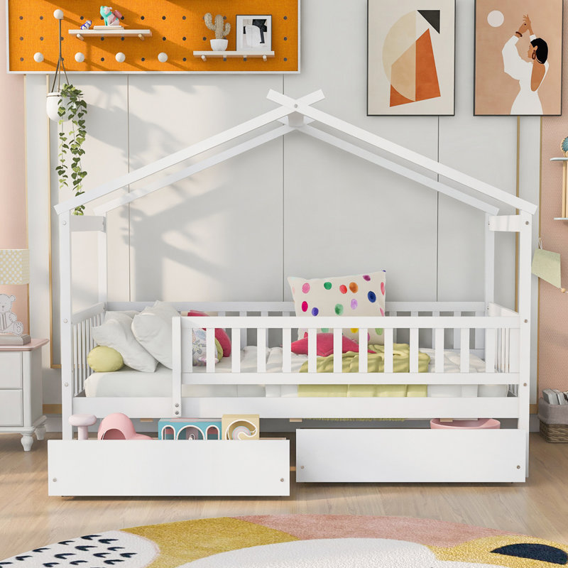 Lit en bois avec deux tiroirs, Simple, Blanc