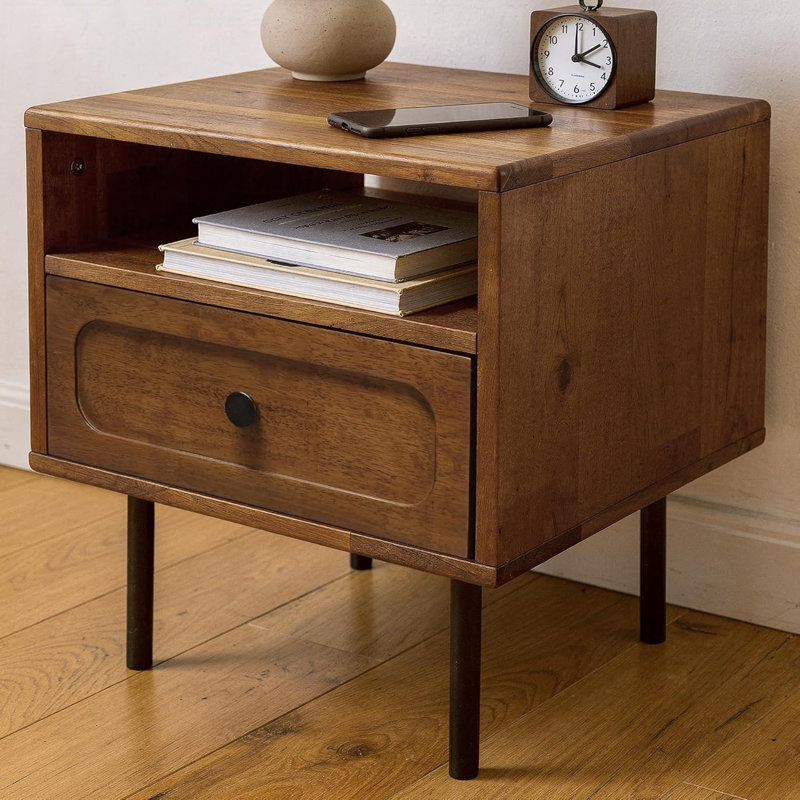 Mid Century Modern Nightstand, Solid Wood Nightstand with Storage Drawer and Open Shelf  - Heavy Duty 154lbs Capacity & Stress-Free Assembly - Real Wood Bedside Table with Metal Legs