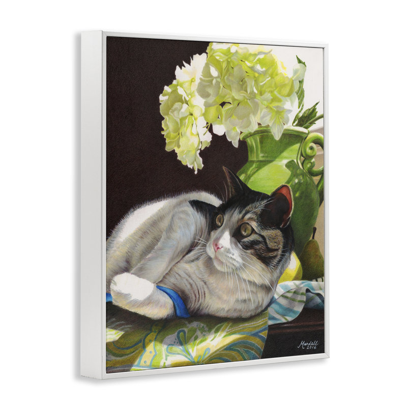 Chat et ruban bleu par Mardell Schuster, Giclée encadrée blanc bord de mer, H 30 po x l 24 po
