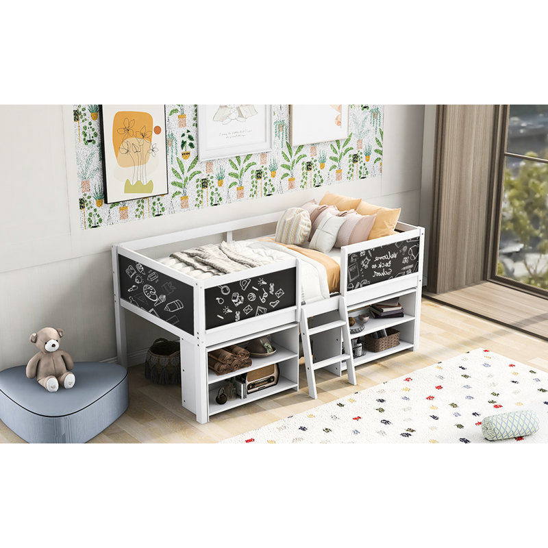 Twin Size Low Loft Bed With Stable Structure, Movable Shelves, & Chalkboard Chalkboard, Shelves And - Bedroom Comfort