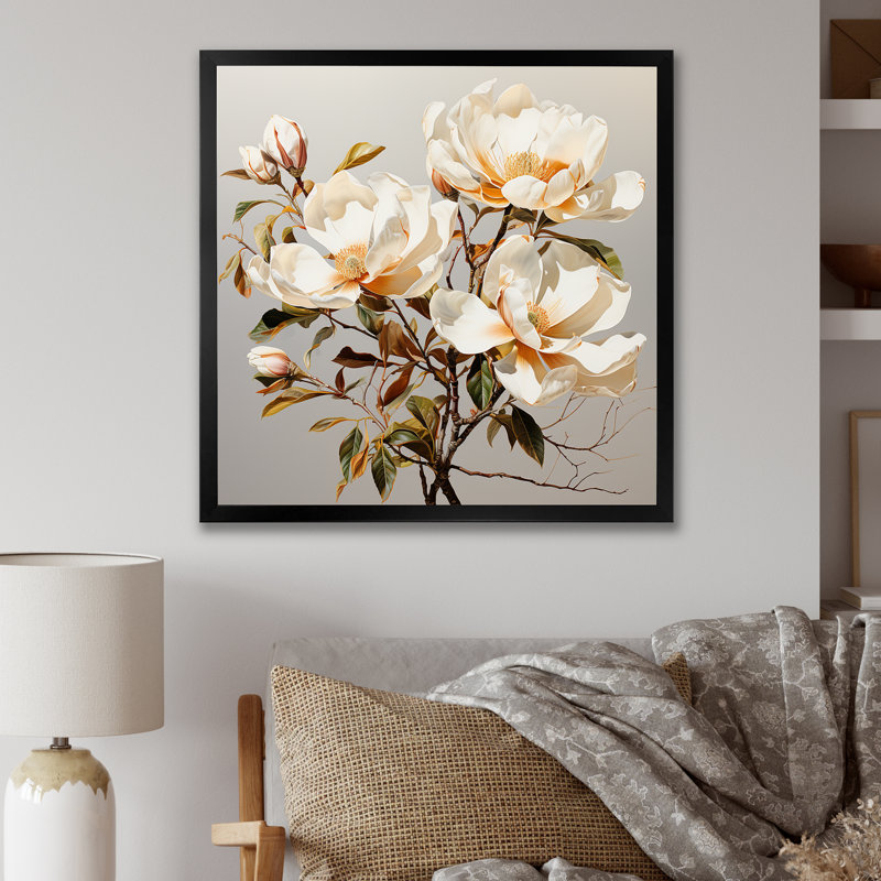 Magnolia beige et fleurs vertes, Cadre simple noir, H 16 po x l 16 po x P 1 po