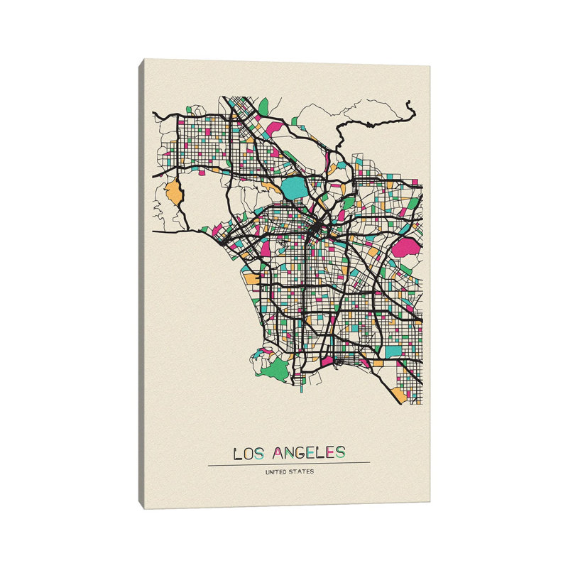 Los Angeles, California Map par Ayse Deniz Akerman - Toile tendue avec châssis sur toile, H 40 po x l 26 po x P 1,5 po