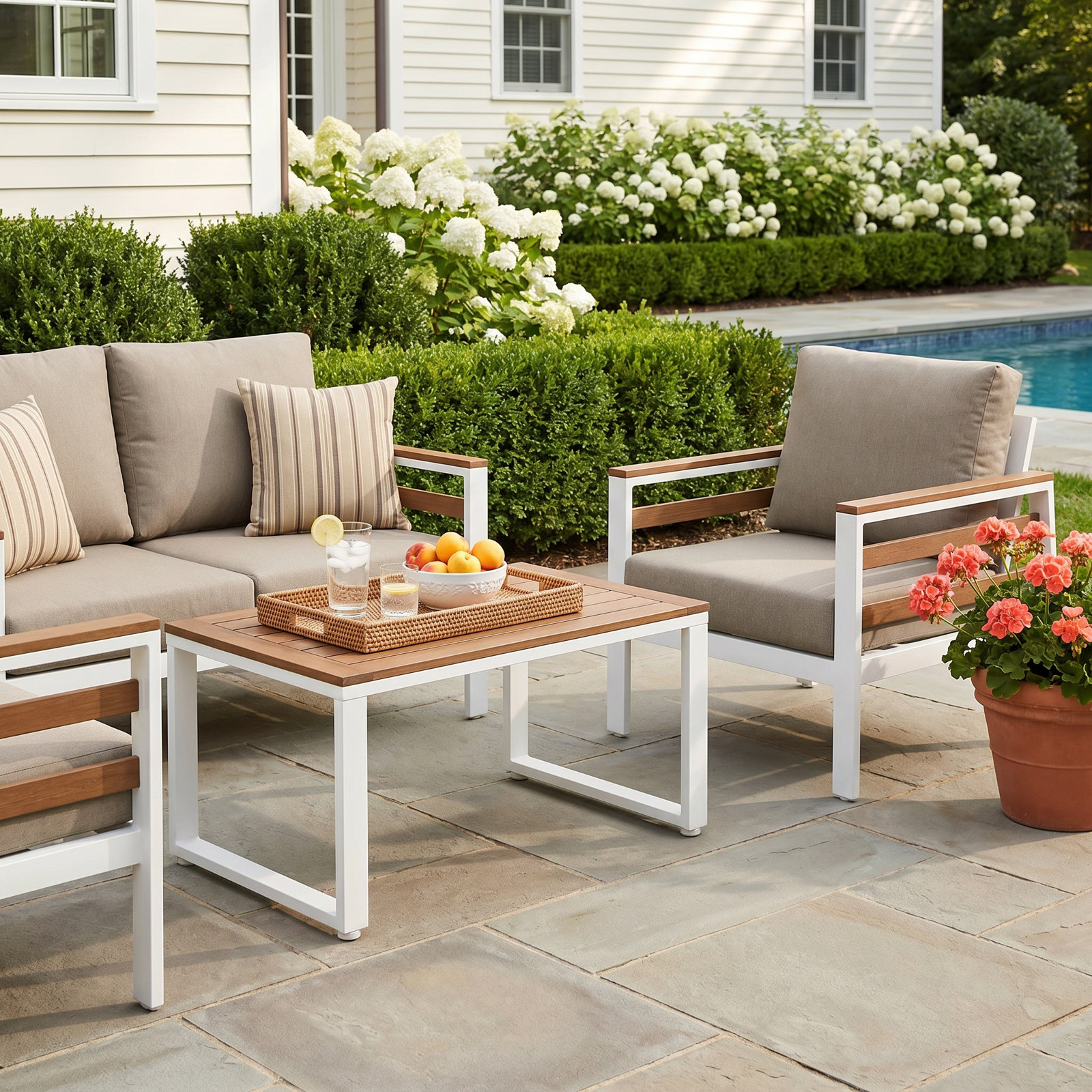 Townsend 4 Person Seating Group With Sunbrella Cushions, Brown, Spectrum Dove
