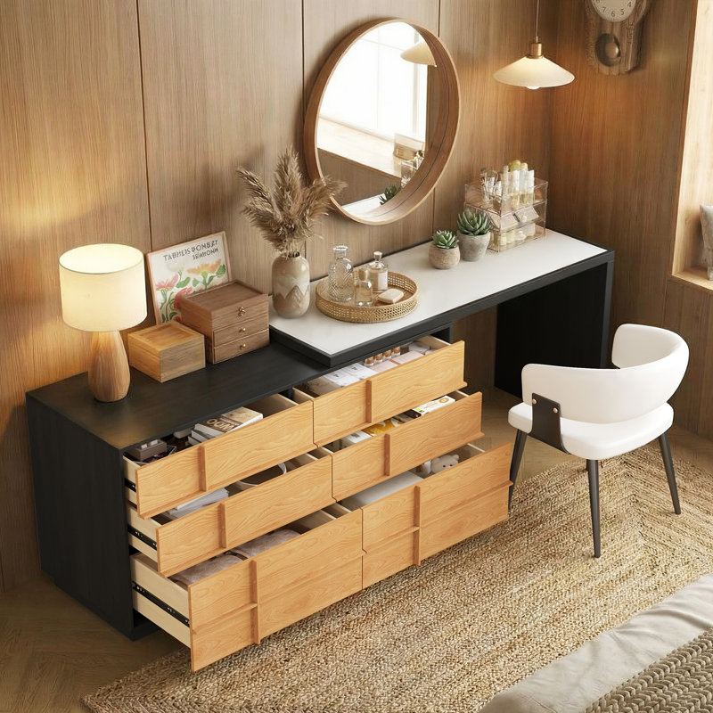 Table de coiffeuse rotative moderne extensible en L 47,24 po avec 6 tiroirs, coiffeuse de maquillage réversible pour chambre à coucher