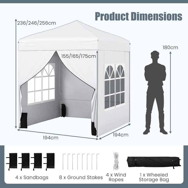 194x194cm Commercial Gazebo Tent with 4 Sidewalls, White