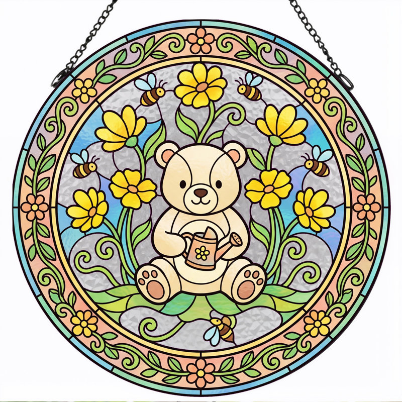 Panneau de vitrail d'ours en peluche, H 12 po, H 12 po