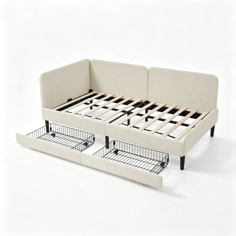 Lit plateforme rembourré pour lit simple avec deux tiroirs de rangement, canapé-lit réglable en velours, beige