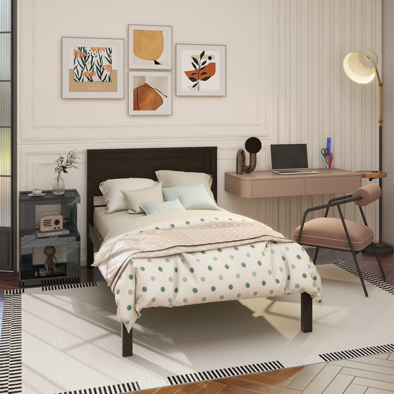 Chares Wood Platform Bed With Headboard, Full, White