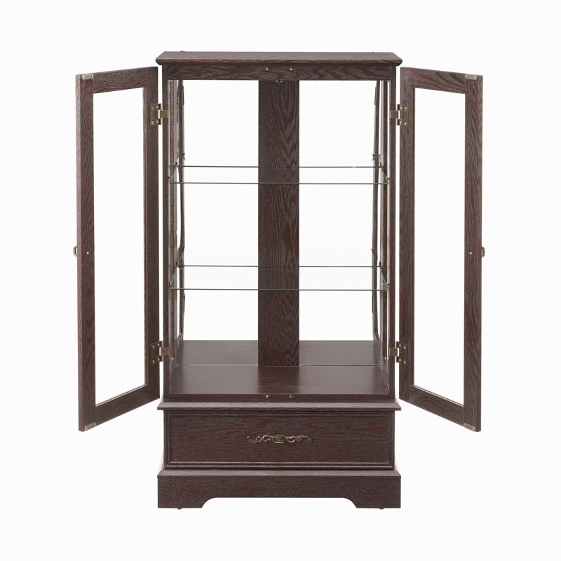 Armoire vitrée éclairée avec porte-bouteilles vitrée avec tablettes réglables en verre, 2 portes et 1 tiroir