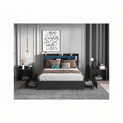 Bed Frame with 4 Storage Drawers Queen Bed Frame with Headboard and Storage Shelf, Storage Bed with Led and Charging Station