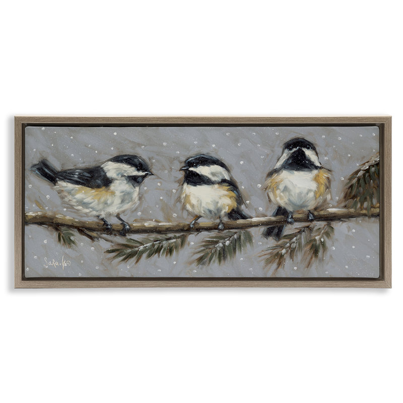 «Winter Bird Trio», art mural encadré par Sarah, Cadre flottant orme Montalcino, H 11 po x l 25 po
