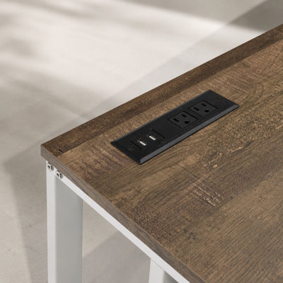 Rectangular Writing Desk with USB Port and Plug, Walnut and White