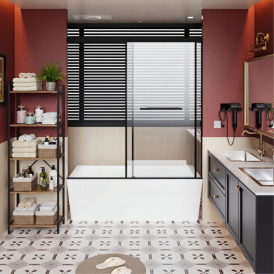 Porte de douche 60 po x 62 po en aluminium de taille standard sans cadre, portes coulissantes doubles avec rail à fermeture en douceur silencieuse, installation facile en 30 minutes, protection améliorée contre les fuites et garde-eau allongé