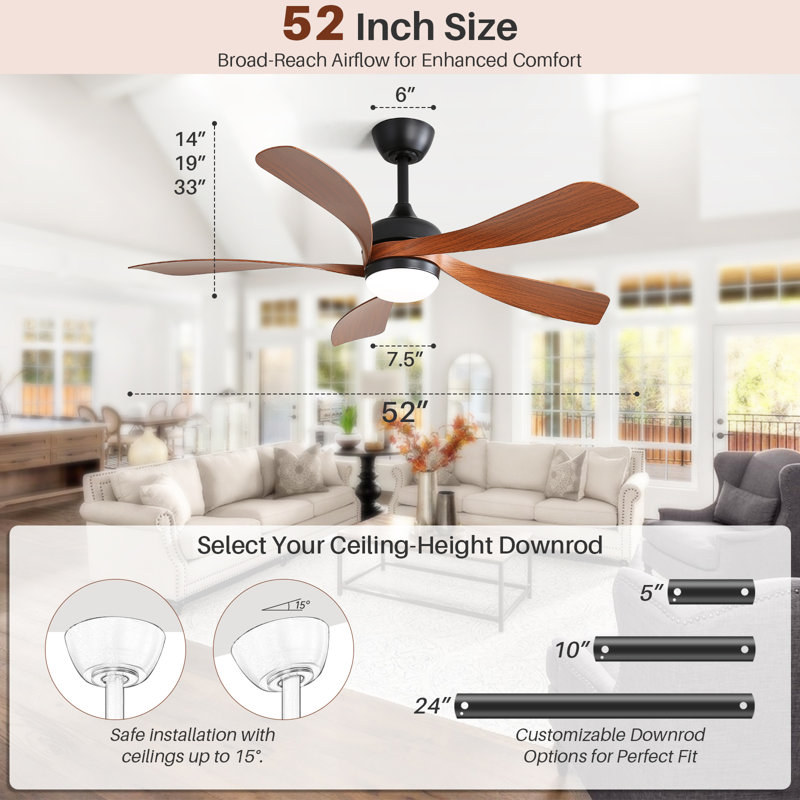 Damecia 5 - Blade Smart Standard Ceiling Fan with Remote Control and LED Light, Brown/Black, 52"