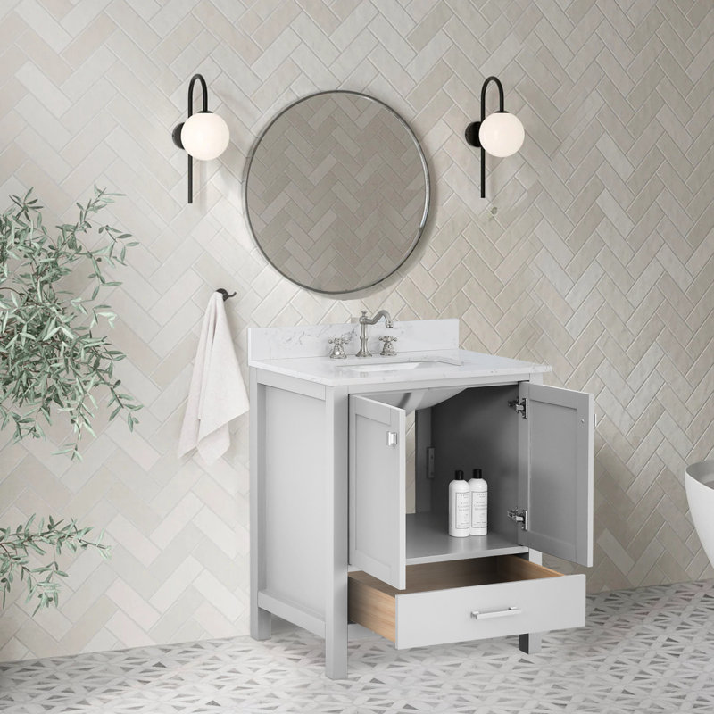 Meuble-lavabo moderne avec lavabo et rangement, Gris / Nickel brossé, 30'
