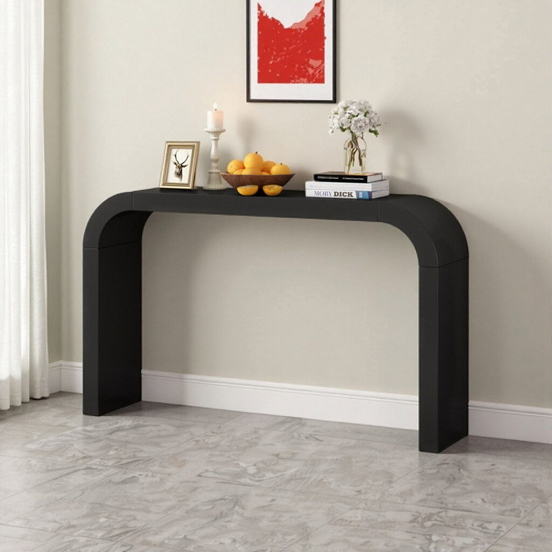 52" Curved Edge Wood Console Table - Natural Cedar Veneer Finish Entryway Sofa Table for Hallway Living Room, Black