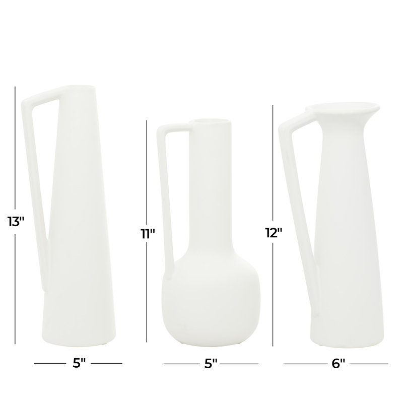 Elegant White Ceramic Vase Trio with Geometric Handles